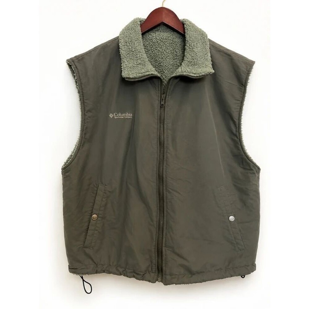 Columbia Reversible Fleece Lined Vest XL Olive Green Full Zip